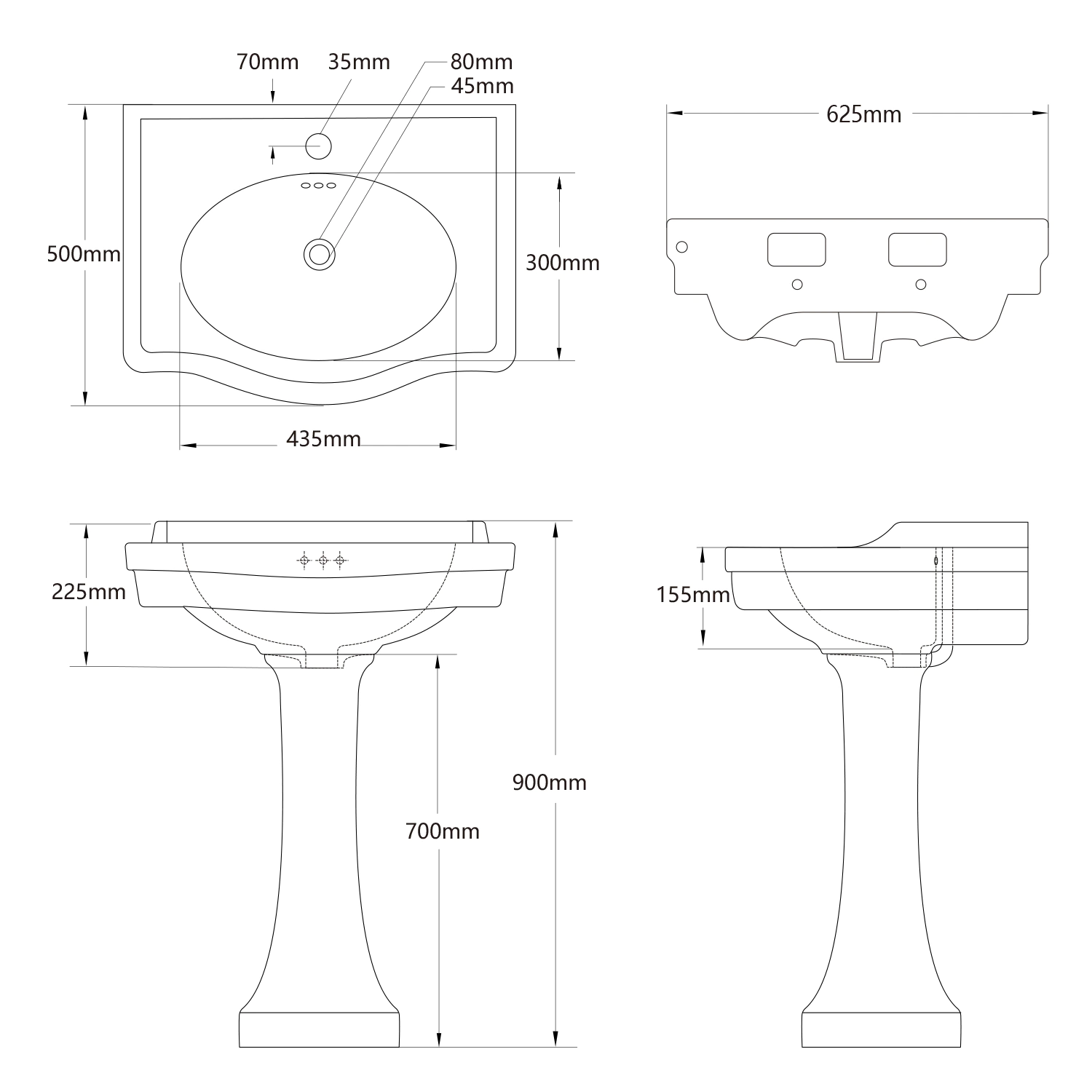 dimension figure of white ceramic pedestal sink mb-2069